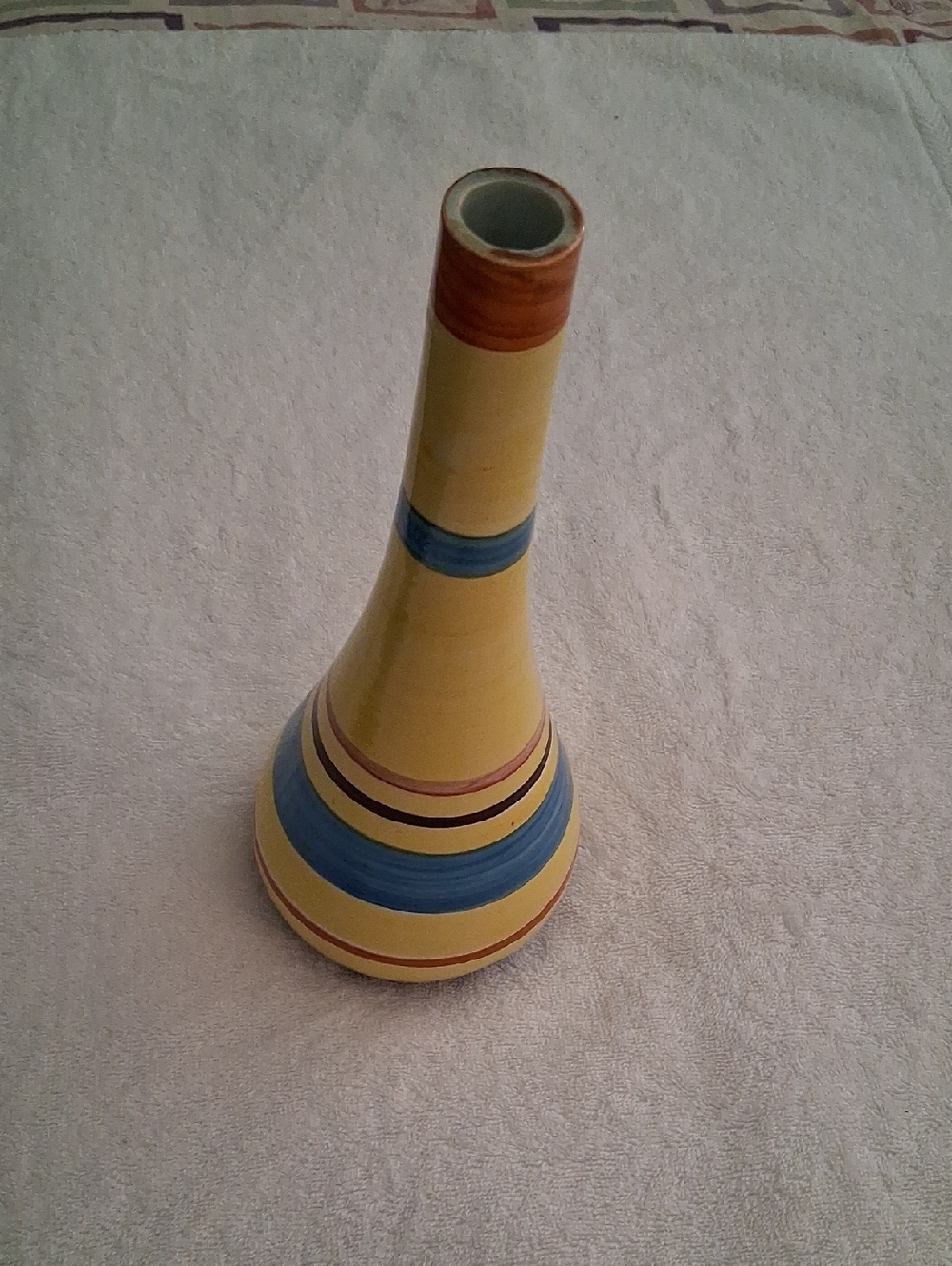 Vintage Ceramic Yellow Striped Decorative Vase with Blue and Brown Accents